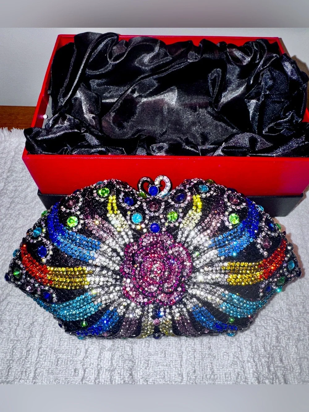 Crystal-Embellished Rose and Rainbow Color Vibrant sparkly Opera Clutch Bag